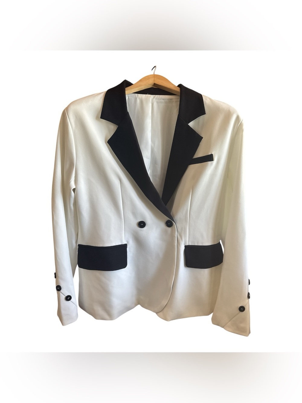Black-Trim White Blazer - Classic Contrast Lapel Tuxedo Style Women’s Jacket XXL